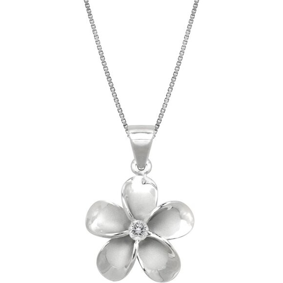 Sterling Silver CZ Plumeria Pendant Necklace 18